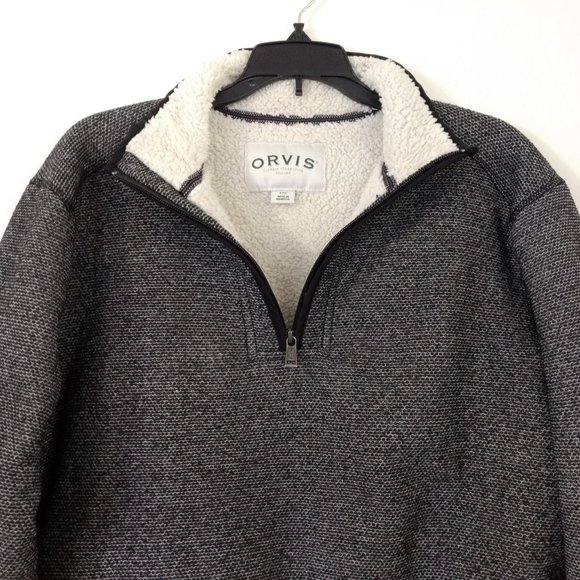 ORVIS Pullover Men's L Gray Sweater 1/4 Zip Pockets Sherpa Lining Mock Neck - Picture 2 of 15